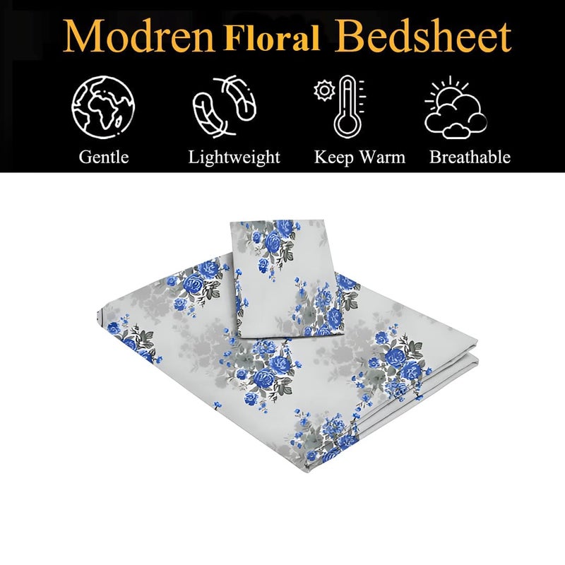 STARNSTYLE Polycotton 220 TC Soft Breathable Wrinklefree Floral Printed Single Bedsheet with Pillow Cover - White Blue - Image 3